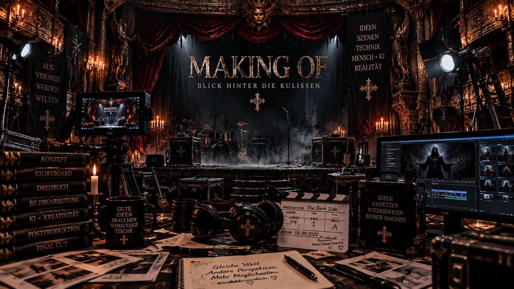 Kameras, Schnittplatz und Theaterbühne beim Making-of von The Dark Side
