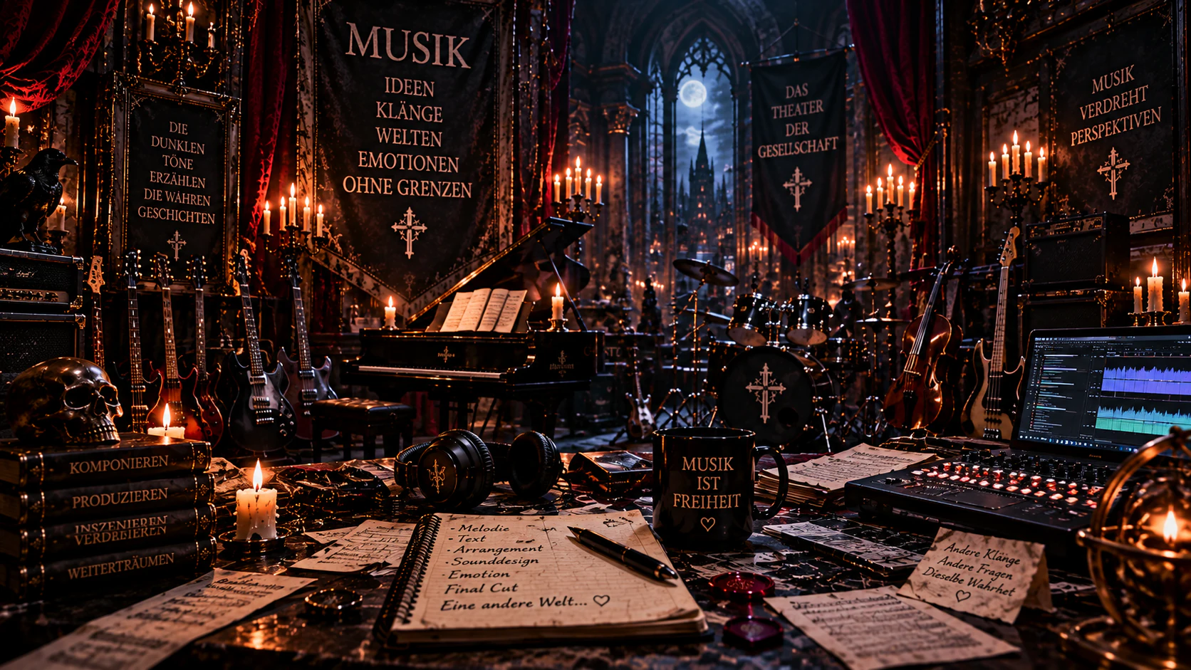 Instrumente, Noten und Produktionsplatz in der dunklen Musikhalle